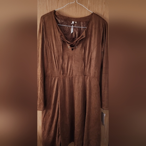 NY Collection Brown Long Sleeve Scoop Neck Sundress - Picture 2 of 5